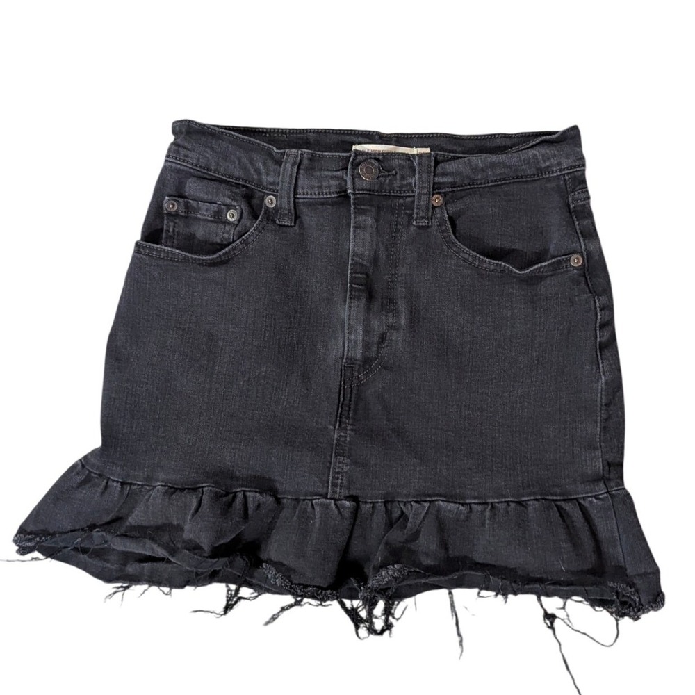 Levi's Ruffle Skirt Women 25 Black Mile High Mini Denim‎ Raw Hem Fray Y2K Grunge
